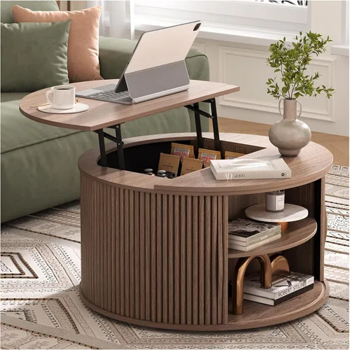 Miniatura 24 de SULIVES Mesa auxiliar ovalada con almacenamiento, mesa de centro multifuncional con tambor elevable, pequeña mesa central acanalada para sala