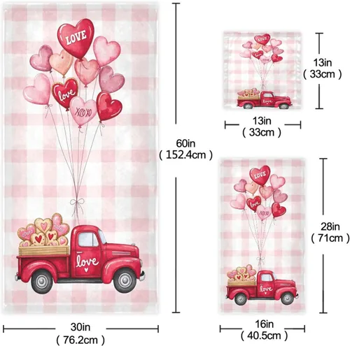 Miniatura 3 de Juego de 3 toallas románticas a cuadros con diseño de corazón rosa con resorte de globo, toallas de baño suaves y absorbentes, toallas de mano