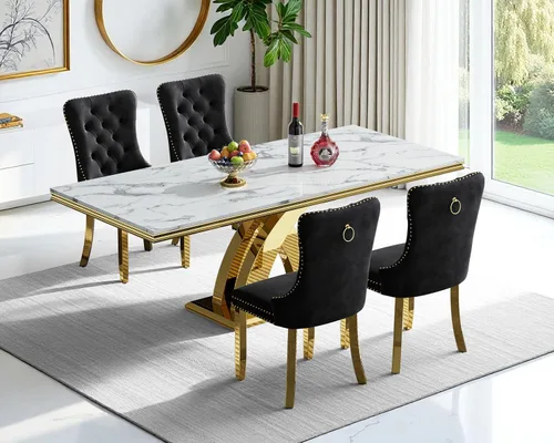 Miniatura 72 de Moderno juego de mesa de comedor de mármol sintético de 68.11 pulgadas para 6, mesa de comedor de mármol blanco y plateado con 6 sillas de Blanco