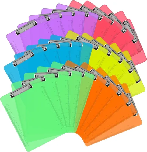 PANDRI - Portapapeles de plástico, paquete de 30 portapapeles de colores transparentes, tablero de clip de perfil bajo de 12.5 x 9 pulgadas, tamaño