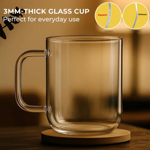 Miniatura 3 de Aquach Juego de 2 tazas de vidrio de 16 onzas, grandes tazas de vidrio transparente con asa para café caliente/frío, té, bebidas y vasos para beber