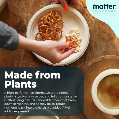 Miniatura 4 de Matter Platos de fibra compostables prémium de 6 pulgadas, paquete de 150, platos desechables biodegradables ecológicos resistentes para aperitivos