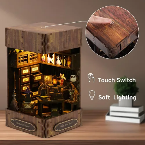 Miniatura 4 de Kit de rincón de libros de bricolaje – Estantería de casa de muñecas en miniatura, rompecabezas de estantería de madera 3D, rompecabezas creativo