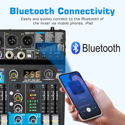 Miniatura 2 de Depusheng Mezclador de audio profesional Digital FX 256-Bit DSP USB Bluetooth MP3 Ordenador DJ Mezclador 5 Canales Interfaz de entrada con 48V