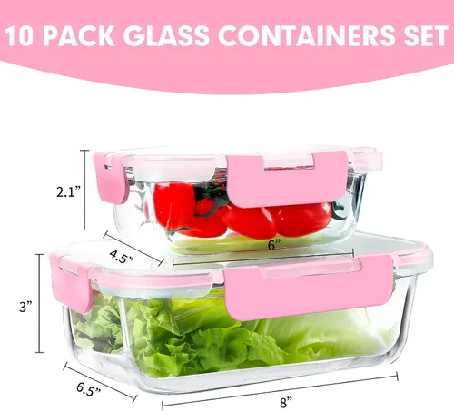 Miniatura 2 de VERONES Paquete de 10 recipientes de vidrio para preparar comidas, recipientes herméticos de vidrio para almuerzos, juego de recipientes apilables