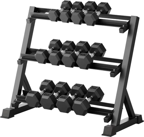 Miniatura 26 de RitFit Juego de mancuernas hexagonales con revestimiento de goma de 5 a 780 libras con estante para gimnasio en casa, entrenamiento de fuerza