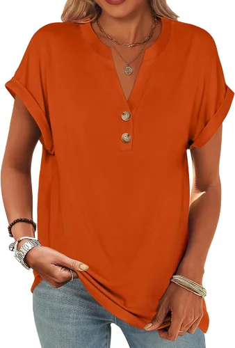 Miniatura 9 de ANRABESS - Camisetas Henley de manga corta para mujer, cuello en V, elegantes, estilo informal, de corte suelto; blusas fluidas de verano, ropa