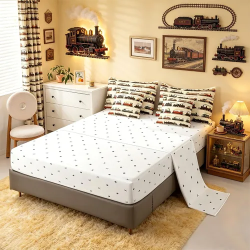 Miniatura 6 de Feelyou Juego de edredón de tren vintage de 7 piezas, diseño retro de motor de vapor para niños y niñas, juego de ropa de cama retro de tren