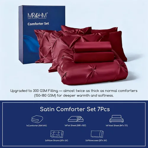 Miniatura 2 de MR&HM Edredón de satén California King de 7 piezas, color burdeos, lujoso juego de ropa de cama plisado con edredón, sábana encimera, sábana bajera