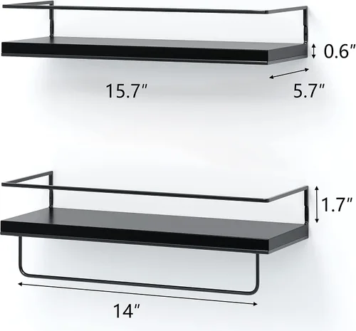 Miniatura 3 de Shario Estantes flotantes negros – Juego de 2, estantes colgantes montados en la pared con toallero negro, estantes de almacenamiento decorativos