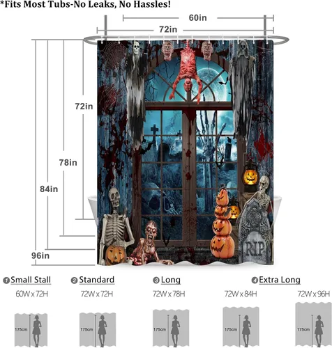 Miniatura 5 de Renaiss Cortina de ducha de Halloween de 60 x 72 pulgadas para decoración de Halloween, divertido esqueleto para el hogar, espeluznante calabaza