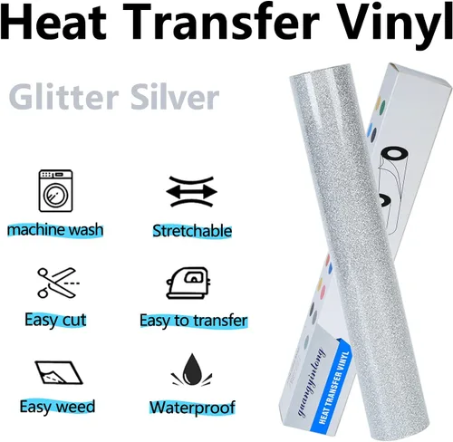 Miniatura 2 de guangyintong Rollos de vinilo de transferencia de calor plateado con purpurina HTV, vinilo para planchar de 12 pulgadas x 8 pies para camisetas