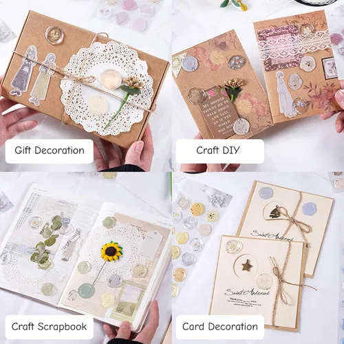 Miniatura 7 de Calcomanías de sello de cera ámbar transparente, 54 piezas de sellos de sobres con temática floral, calcomanías adhesivas para Navidad, invitaciones