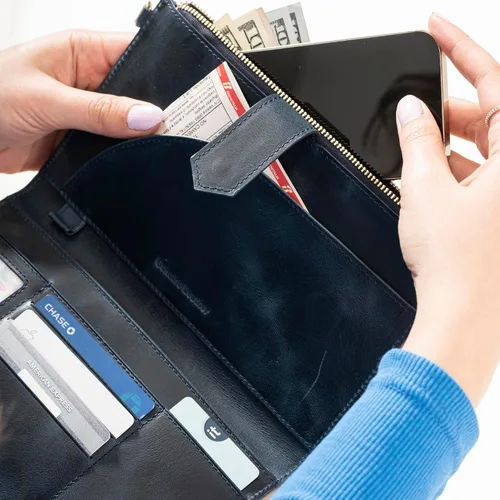 Miniatura 4 de Cartera de cuero genuino para mujer con protección RFID, cartera plegable para teléfono celular, con cremallera, diseño delgado, con múltiples
