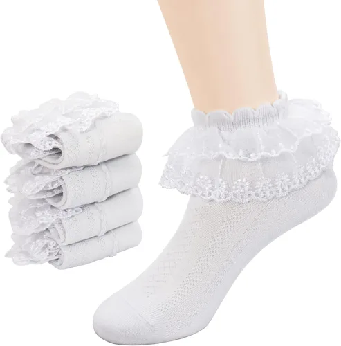 Miniatura 8 de Looching 45 pares de calcetines de encaje con volantes para bebé y niña, con ojales, color blanco, de princesa, de algodón, lindos calcetines