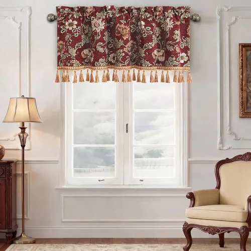 Miniatura 15 de Loom and Mill Cenefas de jacquard de lujo para ventana de sala de estar, elegante cenefa de cortina de damasco beige con ribete de cuentas, cortina