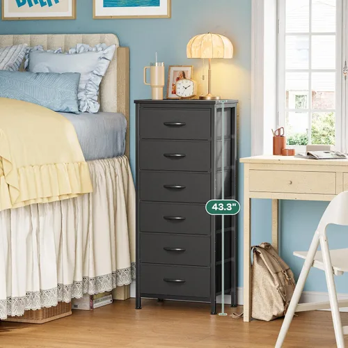 Miniatura 3 de Huuger Cómoda alta para dormitorio, cómoda estable de 7 cajones con dispositivo antipunta, cajones de piel sintética y tela, mesita de noche alta
