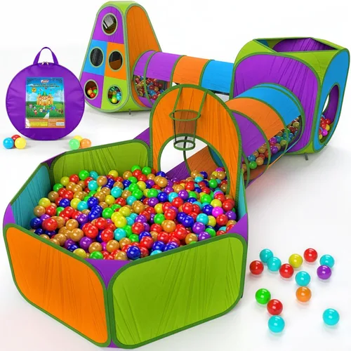 Playz Tienda de campaña desplegable de 5 piezas para niños, túnel de gateo y pozo de pelotas con aro de baloncesto para niños, niñas, bebés y niños