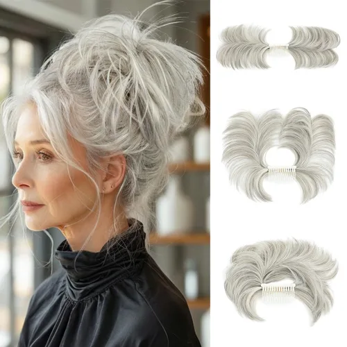 Miniatura 9 de Postizo de Cabello de Moño Despeinado con Peine Lateral Clip en Postizo de Moño para Mujeres Corto Natural Liso Versátil Estilos Ajustables Piezas