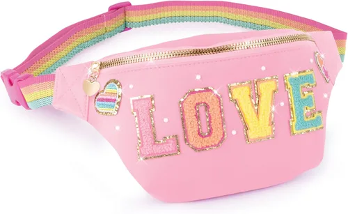 Miniatura 4 de Make It Real Bolsa de moda con parches, 9 piezas, bolsa rosa con cremallera con banda de arcoíris, personalizable, parches de amor, adolescentes