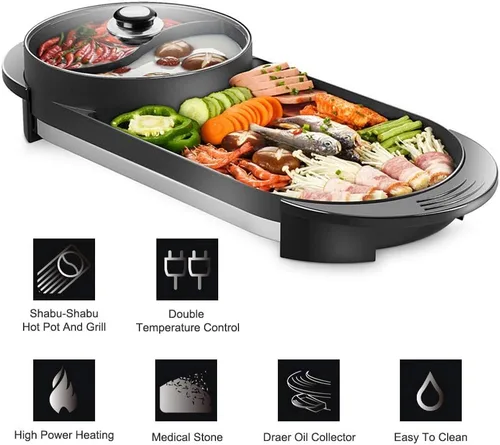 Miniatura 6 de SEAAN Olla caliente con parrilla, parrilla eléctrica para interiores, Shabu Shabu Shabu Pot coreana sin humo, doble temperatura contral, capacidad