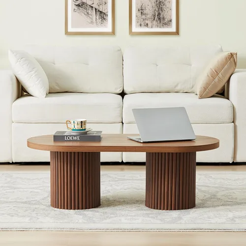 Miniatura 4 de Mesa de centro ovalada acanalada, mesa de centro de madera estilo granja, mesa central moderna de mediados de siglo boho para sala de estar y Nogal