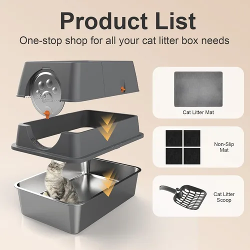 Miniatura 6 de 2PACK Stainless Steel Litter Box with Lid, XL Extra Large Litter Box Enclosed Top Entry Metal Litterbox for Big Cats & Multi-Cats, Easy Cleaning