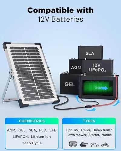 Miniatura 5 de Mantenedor de batería solar de 7.5 W y cargador de goteo, panel impermeable de 12 V con controlador inteligente IP68, protección contra sobrecarga