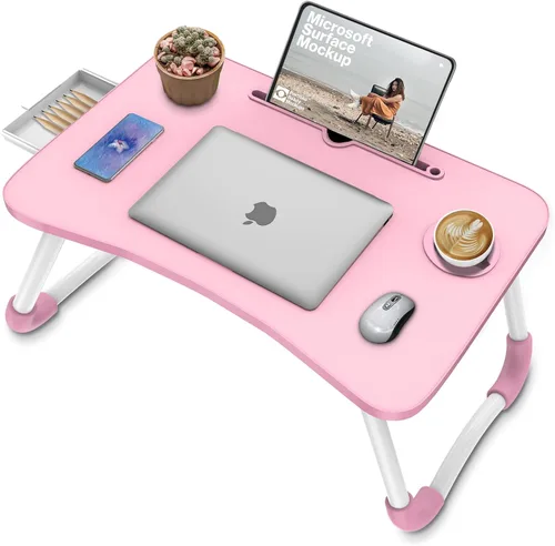 Miniatura 9 de Zapuno Mesa de cama plegable para laptop, mesa multifunción con cajón de almacenamiento y soporte para botella de agua, bandeja de servir mesa