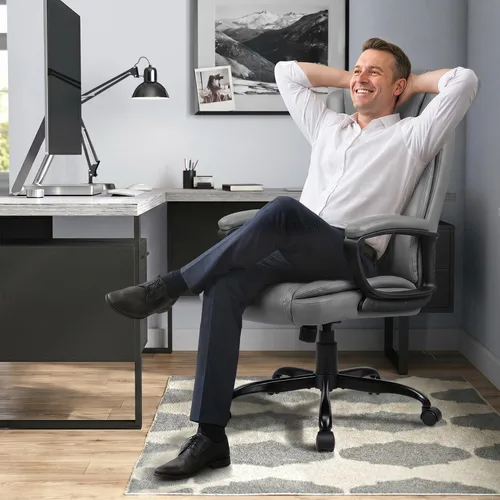 Miniatura 2 de LEMBERI Silla de escritorio de oficina, silla ejecutiva de computadora con respaldo alto, ergonómica, grande y alta, sillas de piel sintética Gris