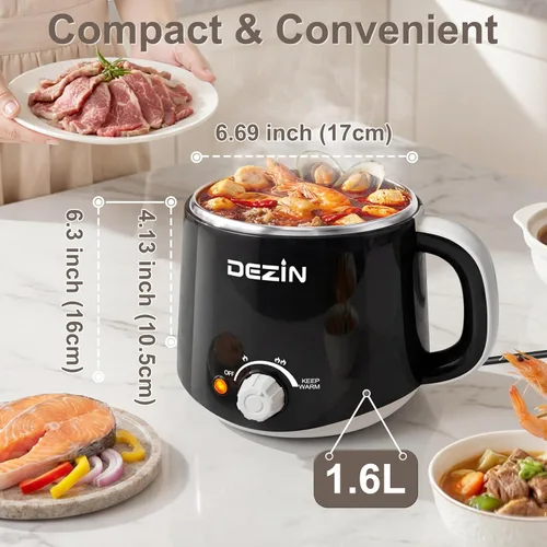 Miniatura 3 de Dezin Olla eléctrica para fideos rápidos, olla eléctrica de acero inoxidable de 1.6 litros, perfecta para ramen, huevo, pasta, albóndigas, sopa