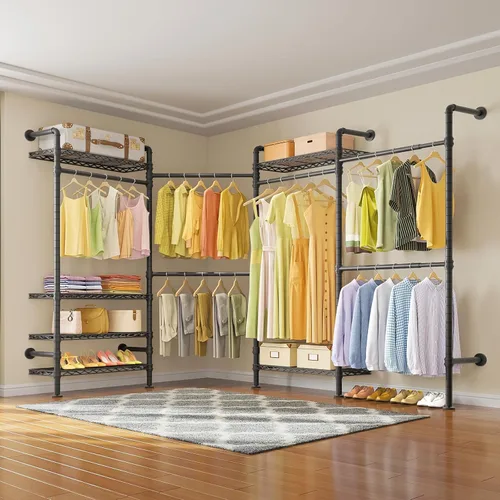 Miniatura 8 de Timate Perchero de ropa en forma de L L4 resistente para colgar ropa, perchero industrial expandible para ropa de tubería industrial montado
