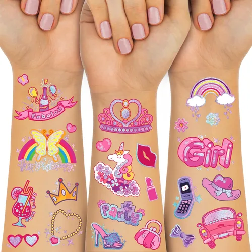 Tatuajes Temporales Impermeables - 143pcs Tatuajes Falsos Geniales para Fiestas de Cumpleaños de Niñas, Detalles de Fiesta, Zapatos de Princesa Rosa
