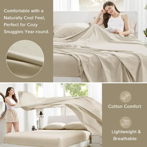 Miniatura 3 de Comfort Spaces Sábanas 100% algodón tamaño King, transpirables y ultra suaves, sábanas de algodón naturalmente fresco con bolsillo elástico de 14