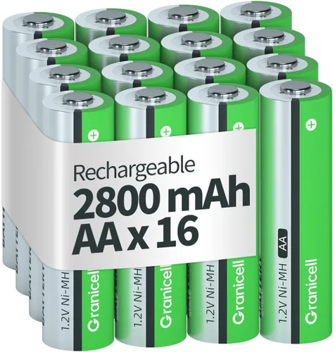 Granicell Pilas recargables AA 2800 mAh de alta capacidad 1300 ciclos, 1.2V NiMH de baja autodescarga AA, paquete de 16
