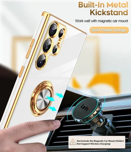 Miniatura 5 de LeYi Funda para Samsung Galaxy S22 Ultra con Soporte de Anillo Giratorio de 360°, Soporte Magnético con Patilla, Borde Protector Chapado en Oro Rosa