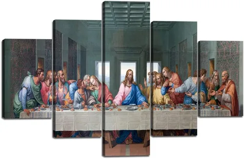 Miniatura 23 de The Last Supper - Pintura sobre lienzo para pared de sala de estar, 5 piezas, arte de pared de la última cena, retro, vintage, de madera, moderno