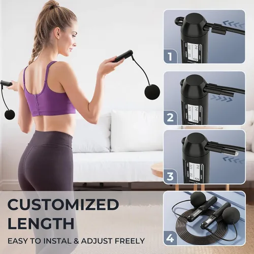 Miniatura 5 de Cuerda de saltar inteligente con pantalla LED y contador de saltos, diseño inalámbrico con peso para gimnasio en casa y HIIT, alambre de acero