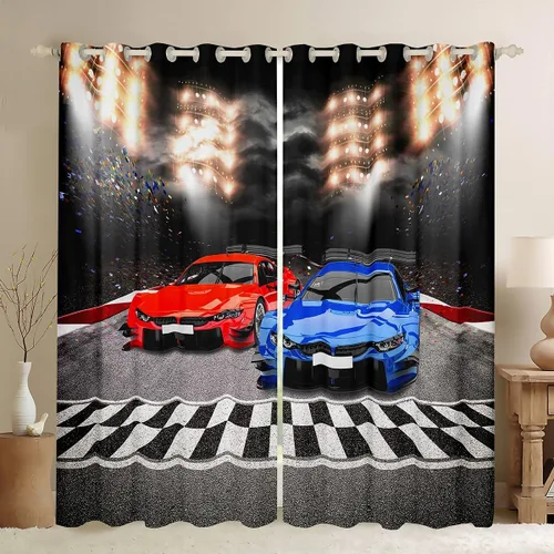 Feelyou Cortinas de ventana de coche deportivo para dormitorio, sala de estar, color rojo y azul, cortinas de ventana de autos de carreras,