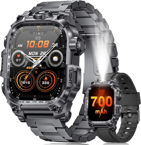Relojes inteligentes militares para hombre (respuesta/hacer llamadas), reloj inteligente deportivo con pantalla HD de 2.01 pulgadas con linterna LED