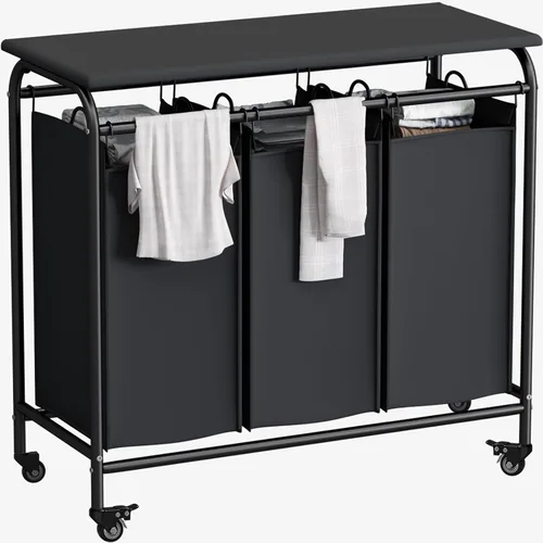 Miniatura 16 de LINZINAR Clasificador de ropa sucia de 3 bolsas, carrito cesto de ropa sucia con ruedas rodantes resistentes y con bloqueo y bolsas removibles