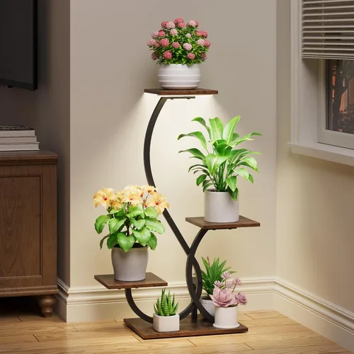BACEKOLL Soporte para plantas de interior con luces de crecimiento, estante para plantas en forma de S, soportes de esquina iluminados para cultivo