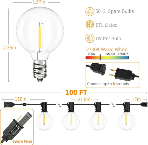 Miniatura 2 de Svater Guirnalda de luces para exteriores impermeables de 100 pies, luces LED para patio exterior con 52 bombillas G40 inastillables, iluminación