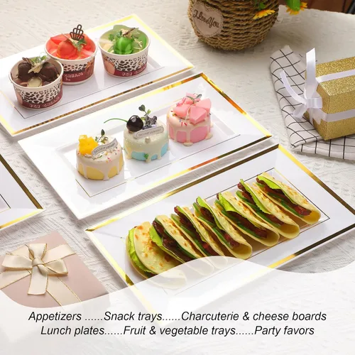 Miniatura 7 de Uiifan 30 bandejas de plástico para servir a granel, borde de oro blanco, elegante, rectangular, desechable, mesa de postre de plástico, bandejas