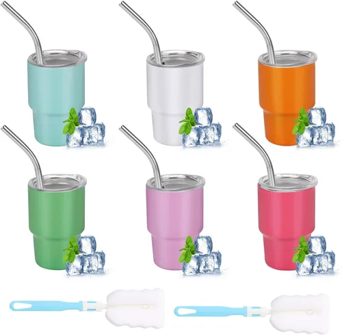 Mini vaso de chupito de 3 onzas con pajilla, juego de 6 colores, incluye 2 cepillos de limpieza, mini vaso de chupito para fiestas, viajes, camping