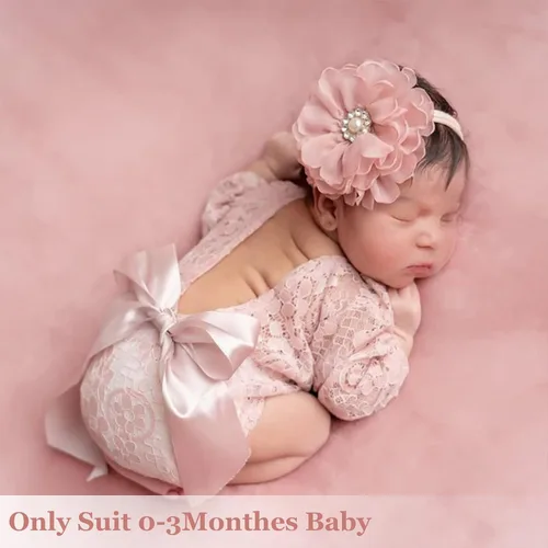 Miniatura 2 de ForBaysy Accesorios de Fotografía para Recién Nacidos Conjunto de Niña Mameluco de Encaje a Juego con Linda Diadema de Flores Vestido para Recién