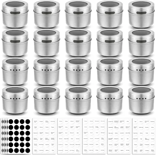 Bekith Paquete de 20 tarros magnéticos para especias, recipientes magnéticos para especias para refrigerador, latas de condimentos con tapa superior