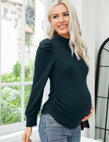 Miniatura 4 de Coolmee Camiseta de maternidad de punto acanalado para mujer, cuello alto falso, manga larga, túnica fruncida para embarazadas
