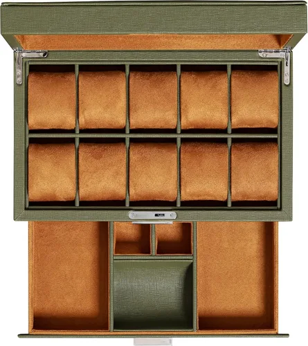 ROTHWELL Caja de reloj de 10 ranuras en cuero con cajón de valet organizador de exhibición de lujo con forro de microgamuza ultrasuave soporte para