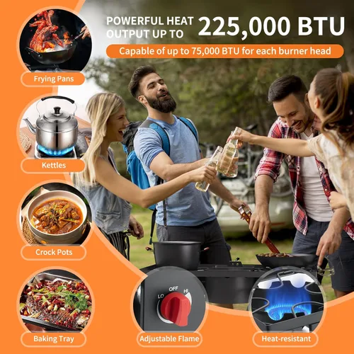 Miniatura 3 de Quemador de Propano de Alta Presión, Estufa de Camping de 3 Quemadores con Patas Desmontables, Quemador de Estufa de Gas Propano de 225,000 BTU